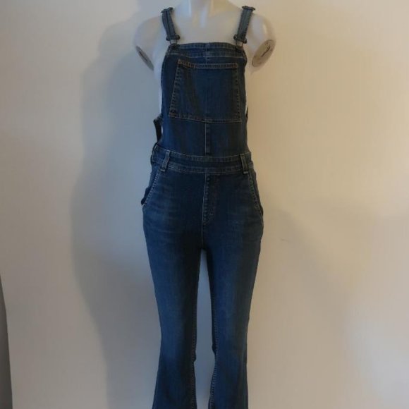 Womens Rag & Bone Paz Dark Blue Raw Hem Cropped Flared-Leg Jean Overalls SP * - Picture 2 of 9